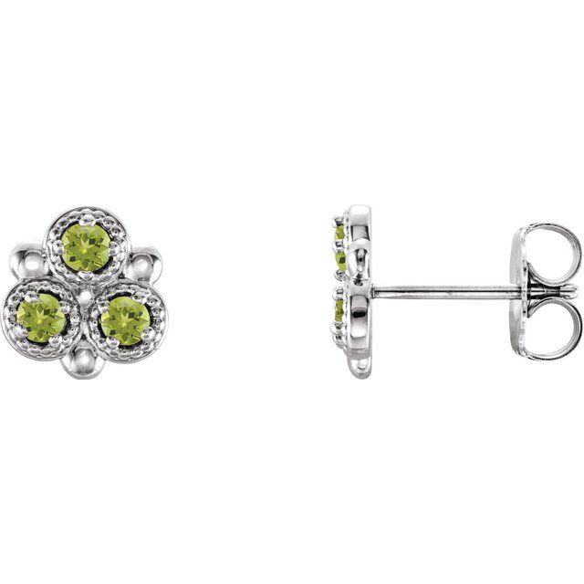 Peridot Round Three-Stone Stud Earrings in Gold and Platinum