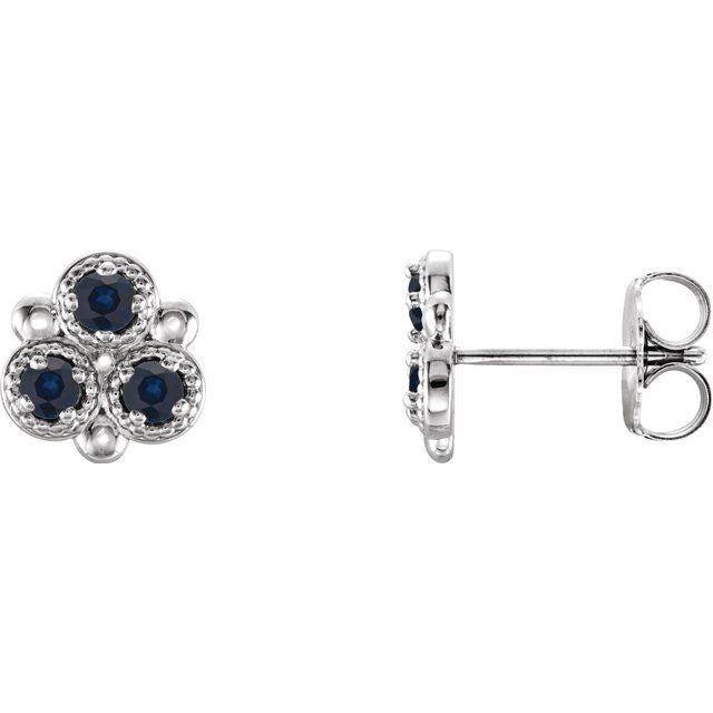 Blue Sapphire Round Three-Stone Stud Earrings in Gold and Platinum