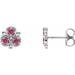 Pink Tourmaline Round Three-Stone Stud Earrings in Gold and Platinum