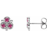 Pink Tourmaline Round Three-Stone Stud Earrings in Gold and Platinum