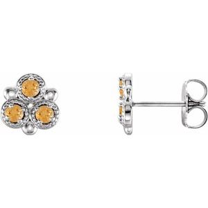 Citrine Round Three-Stone Stud Earrings in Gold and Platinum
