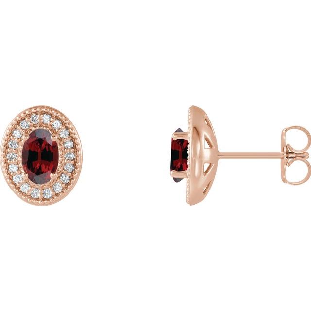 Mozambique Garnet & Diamond Oval Halo Stud Earrings in Gold and Platinum