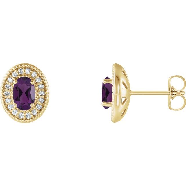 Amethyst & Diamond Oval Halo Stud Earrings in Gold and Platinum