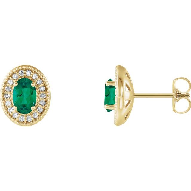 Emerald & Diamond Oval Halo Stud Earrings in Gold and Platinum