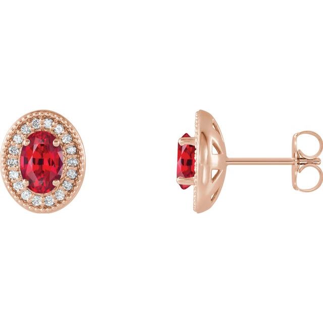 Ruby & Diamond Oval Halo Stud Earrings in Gold and Platinum