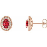Ruby & Diamond Oval Halo Stud Earrings in Gold and Platinum