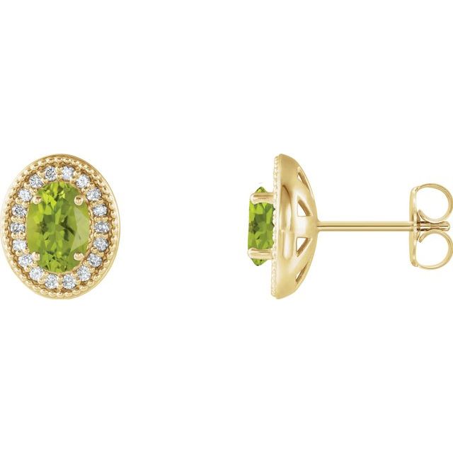 Peridot & Diamond Oval Halo Stud Earrings in Gold and Platinum