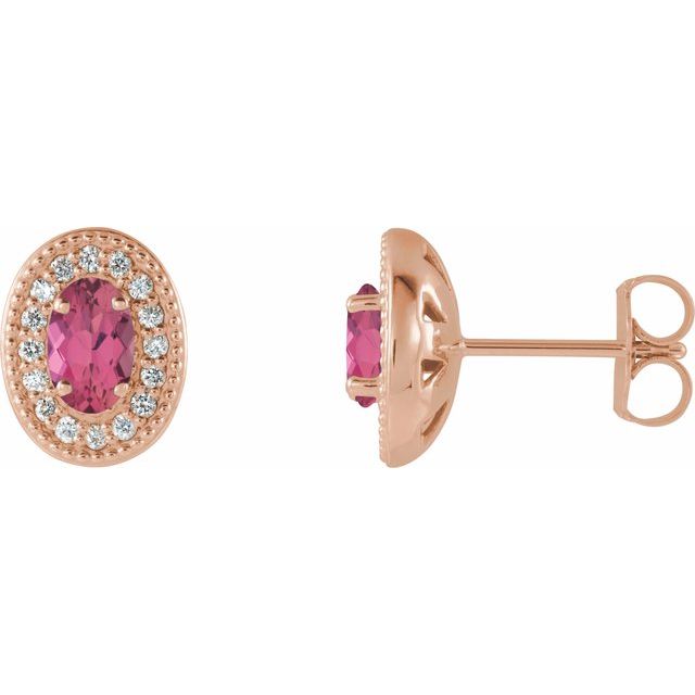 Pink Tourmaline & Diamond Oval Halo Stud Earrings in Gold and Platinum