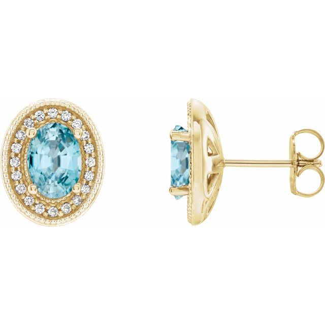 Blue Zircon & Diamond Oval Halo Stud Earrings in Gold and Platinum