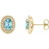 Blue Zircon & Diamond Oval Halo Stud Earrings in Gold and Platinum