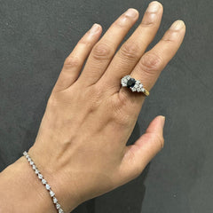 18K Yellow Gold Natural Diamond & Blue Sapphire Cluster Engagement Ring | Gemstone