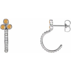 Citrine & Diamond Round Bezel-Set J-Hoop Earrings in Gold and Platinum