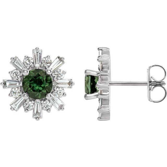 Green Tourmaline & Diamond Round Halo Stud Earrings in Gold and Platinum