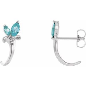 Blue Zircon Marquise Floral J-Hoop Earrings in Gold and Platinum