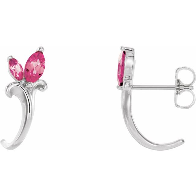 Pink Tourmaline Marquise Floral J-Hoop Earrings in Gold and Platinum
