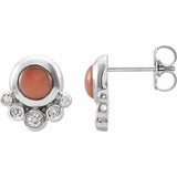 Pink Coral & Diamond Round Stud Earrings in Gold and Platinum