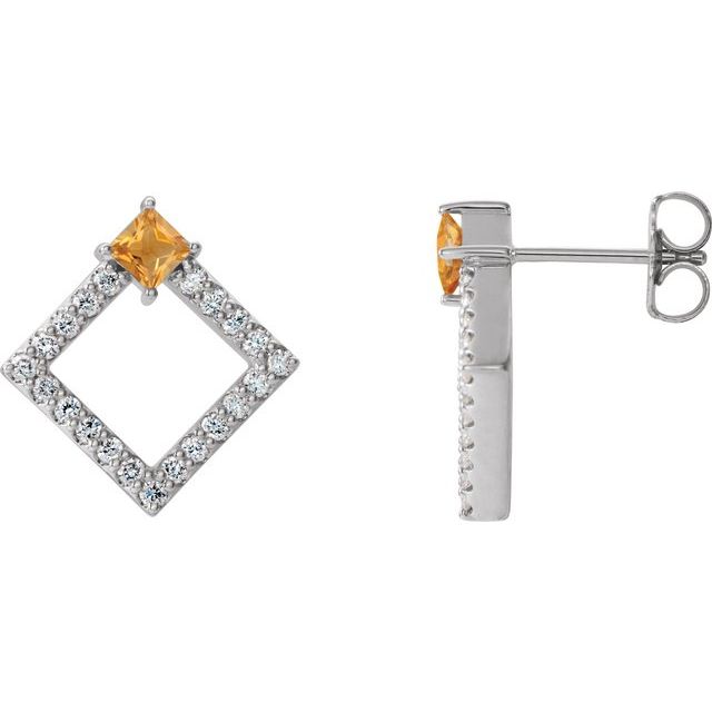 Citrine & Diamond Square Geometric Stud Earrings in Gold and Platinum
