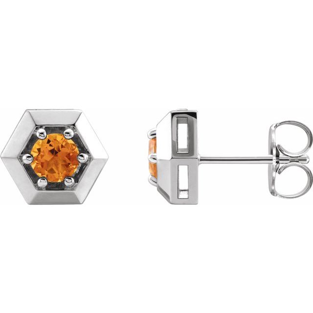 Citrine Round Geometric Stud Earrings in Gold and Platinum