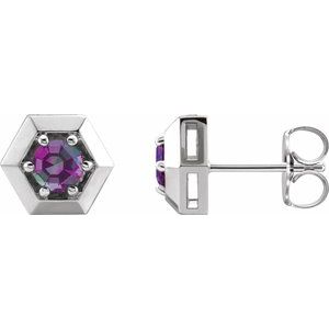 Alexandrite Round Geometric Stud Earrings in Gold and Platinum
