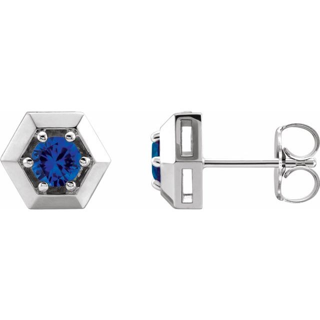 Blue Sapphire Round Geometric Stud Earrings in Gold and Platinum