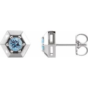Aquamarine Round Geometric Stud Earrings in Gold and Platinum