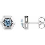 Aquamarine Round Geometric Stud Earrings in Gold and Platinum