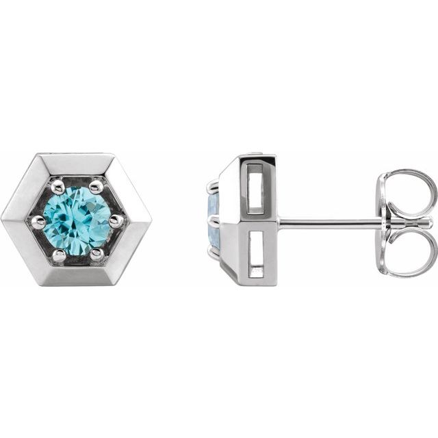 Blue Zircon Round Geometric Stud Earrings in Gold and Platinum