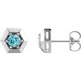 Blue Zircon Round Geometric Stud Earrings in Gold and Platinum
