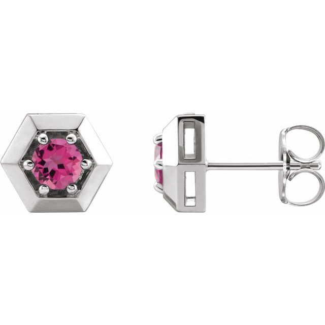 Pink Tourmaline Round Geometric Stud Earrings in Gold and Platinum