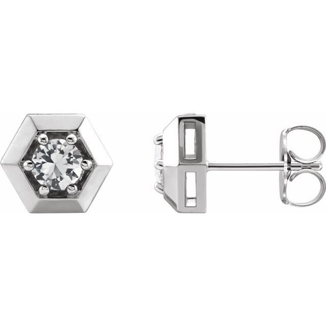 White Sapphire Round Geometric Stud Earrings in Gold and Platinum