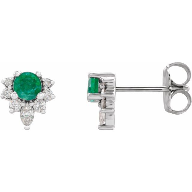 Emerald & Diamond Round Stud Earrings in Gold and Platinum