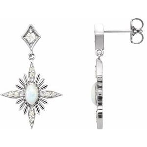 White Opal & Diamond Oval Stud Earrings in Gold and Platinum