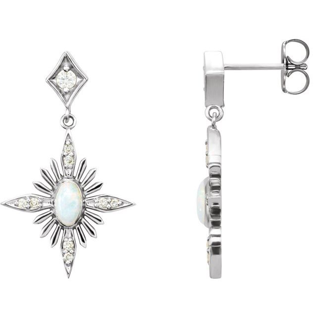 White Opal & Diamond Oval Stud Earrings in Gold and Platinum