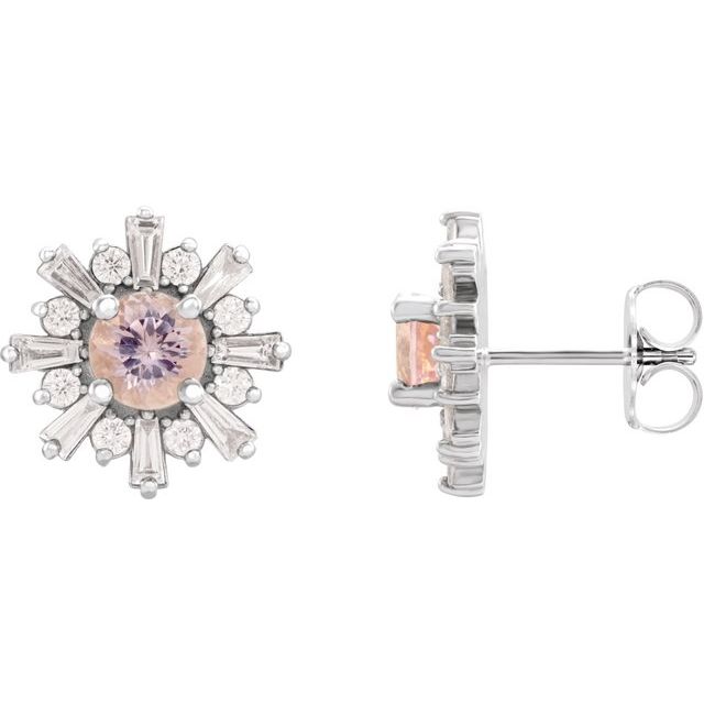 Pink Morganite & Diamond Round Halo Stud Earrings in Gold and Platinum