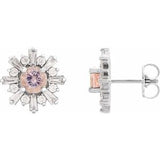 Pink Morganite & Diamond Round Halo Stud Earrings in Gold and Platinum