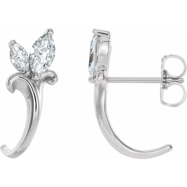 White Sapphire Marquise Floral J-Hoop Earrings in Gold and Platinum