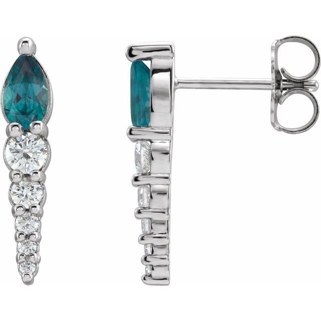 Alexandrite & Diamond Pear Bar Earrings in Gold and Platinum
