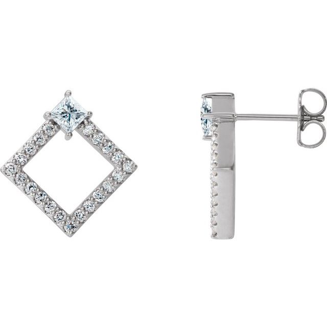 White Sapphire & Diamond Square Geometric Stud Earrings in Gold and Platinum