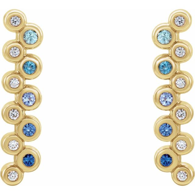Blue Multi-Gemstone & Diamond Round Bezel-Set Bar Earrings in Gold and Platinum