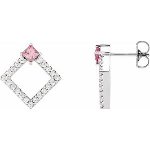 Pink Tourmaline & Diamond Square Geometric Stud Earrings in Gold and Platinum