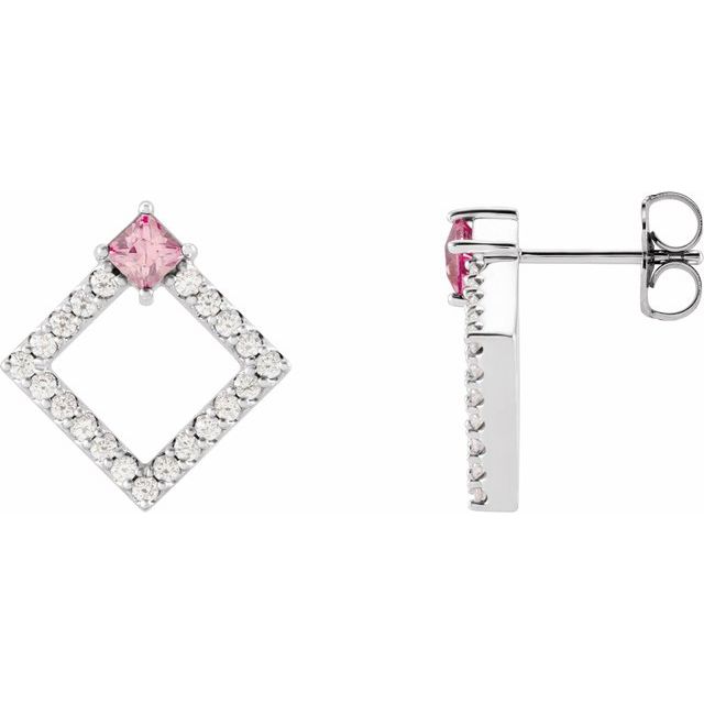 Pink Tourmaline & Diamond Square Geometric Stud Earrings in Gold and Platinum