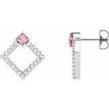 Pink Tourmaline & Diamond Square Geometric Stud Earrings in Gold and Platinum