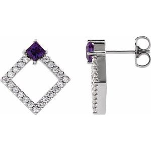 Amethyst & Diamond Square Geometric Stud Earrings in Gold and Platinum