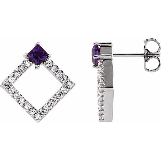 Amethyst & Diamond Square Geometric Stud Earrings in Gold and Platinum