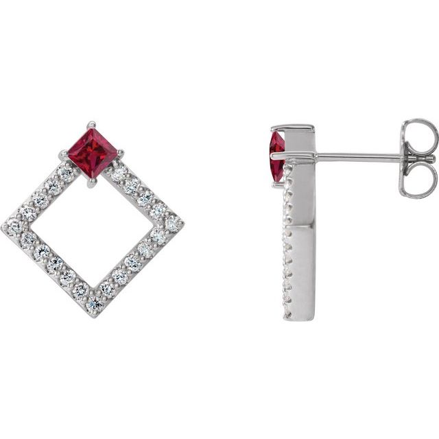 Ruby & Diamond Square Geometric Stud Earrings in Gold and Platinum