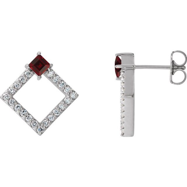 Mozambique Garnet & Diamond Square Geometric Stud Earrings in Gold and Platinum