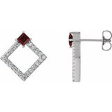 Mozambique Garnet & Diamond Square Geometric Stud Earrings in Gold and Platinum