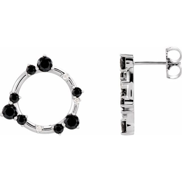Black Onyx & Diamond Round Stud Earrings in Gold and Platinum