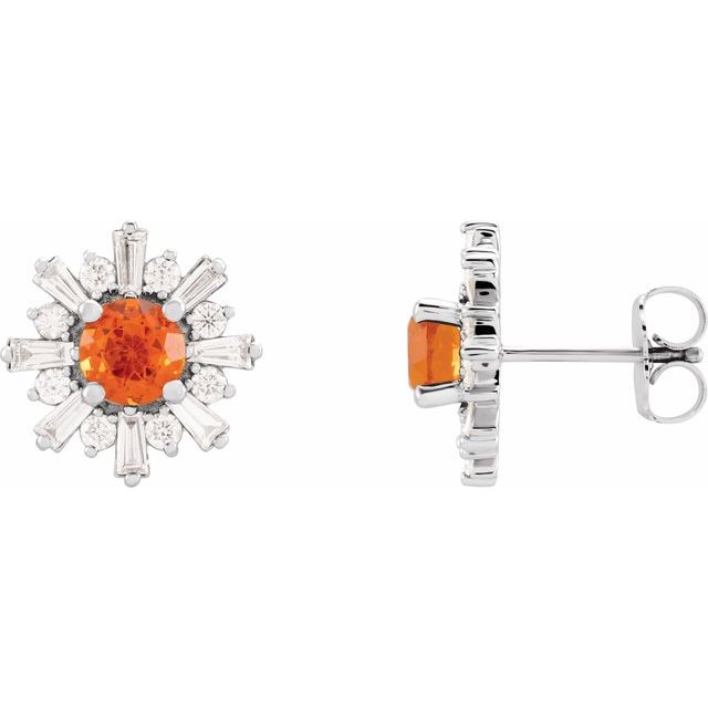 Mexican Fire Opal & Diamond Round Halo Stud Earrings in Gold and Platinum