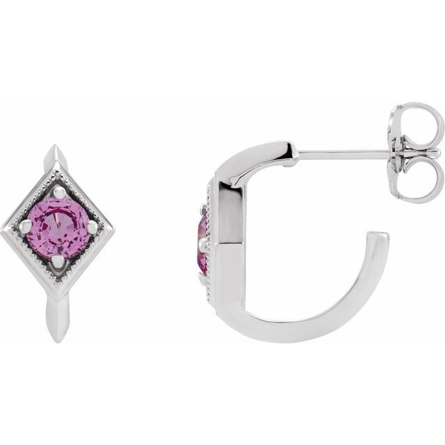 Pink Sapphire Round Geometric Hoop Earrings in Gold and Platinum